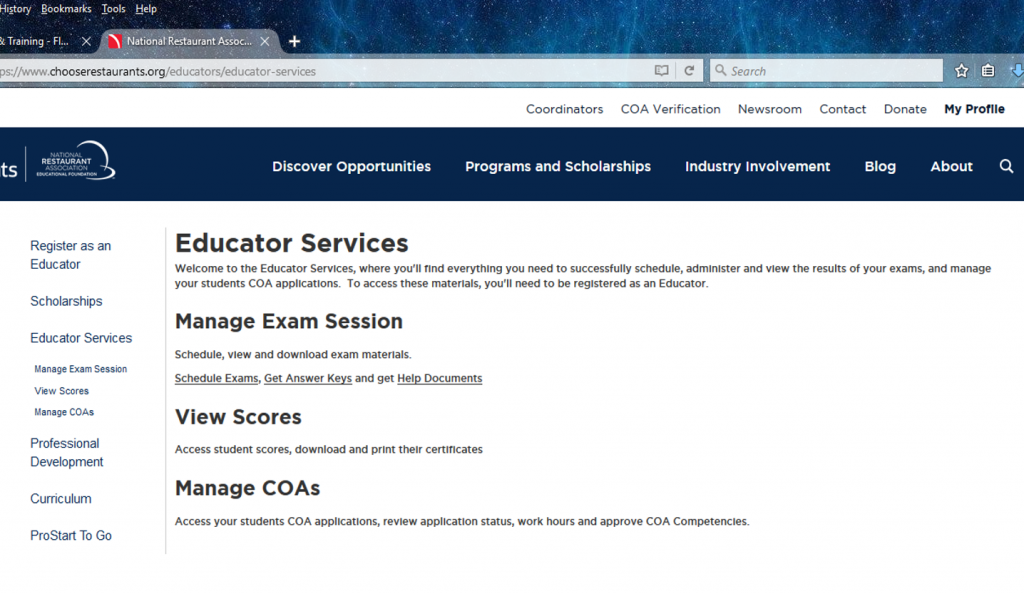 Screenshot: Educator Services — Manage Exam Session, View Scores, Manage COAs