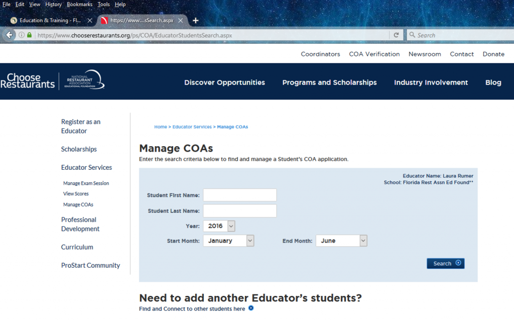Screenshot: the Manage COAs search page under Educator Services