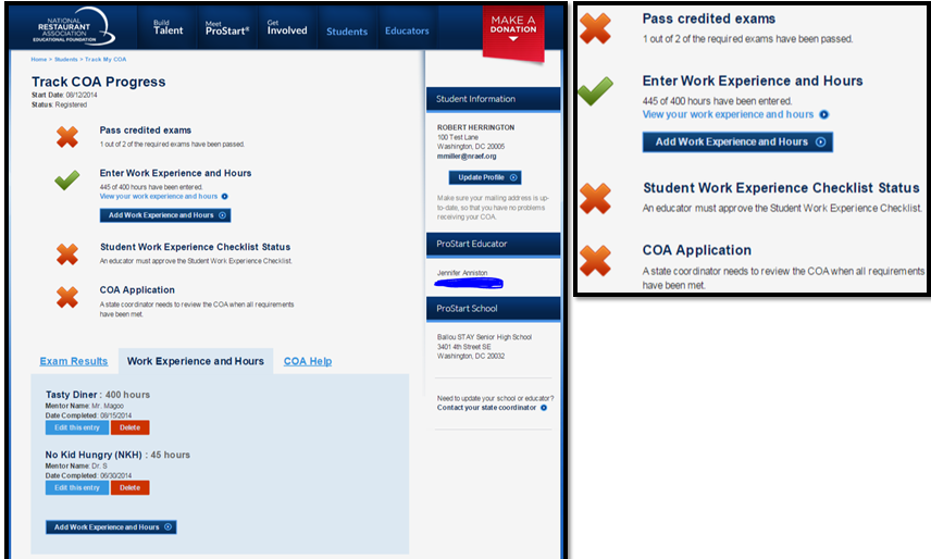 Screenshot: the Track COA Progress page, showing exam, work-hour and checklist status