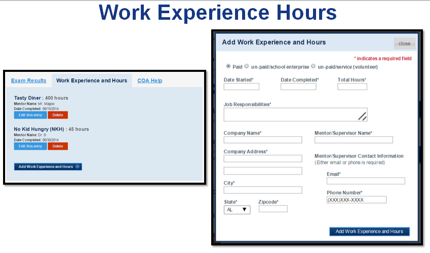 Screenshot: the Work Experience Hours form